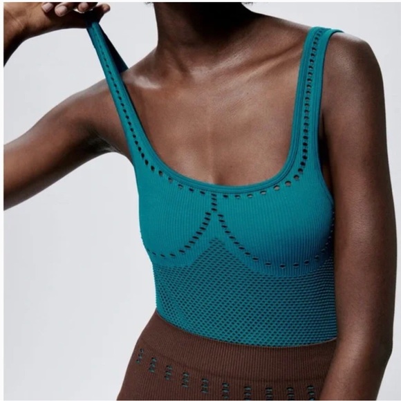 Zara M/L Teal Blue Perforated Seamless Contour Collection Bodysuit Crochet Knit - Picture 12 of 14